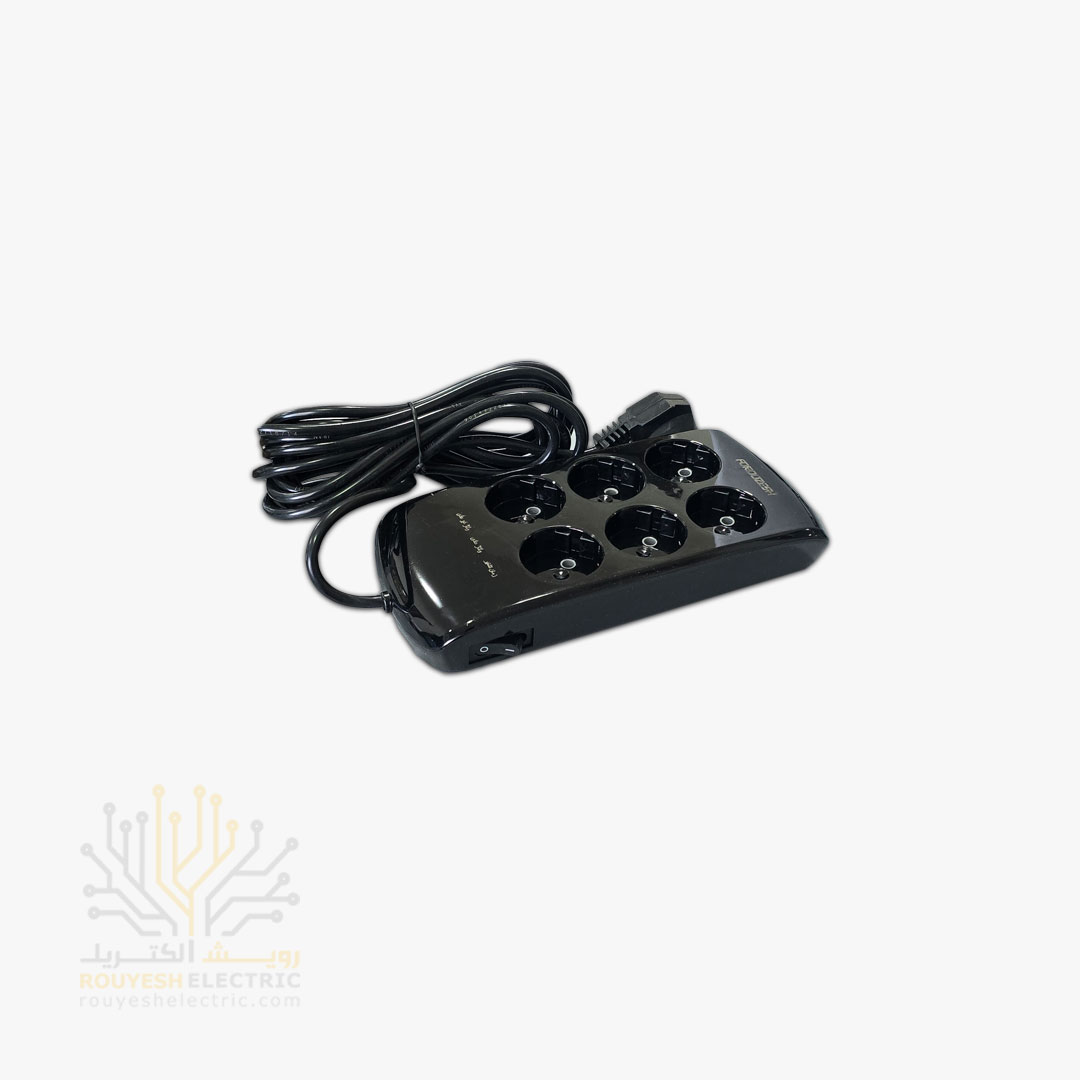 محافظ برق کامپیوتر سیار شش خانه برند فروزش مدل LT600 لوتوس بدون ارت بدون کلید بدنه مشکی آنالوگ 4/8 متری