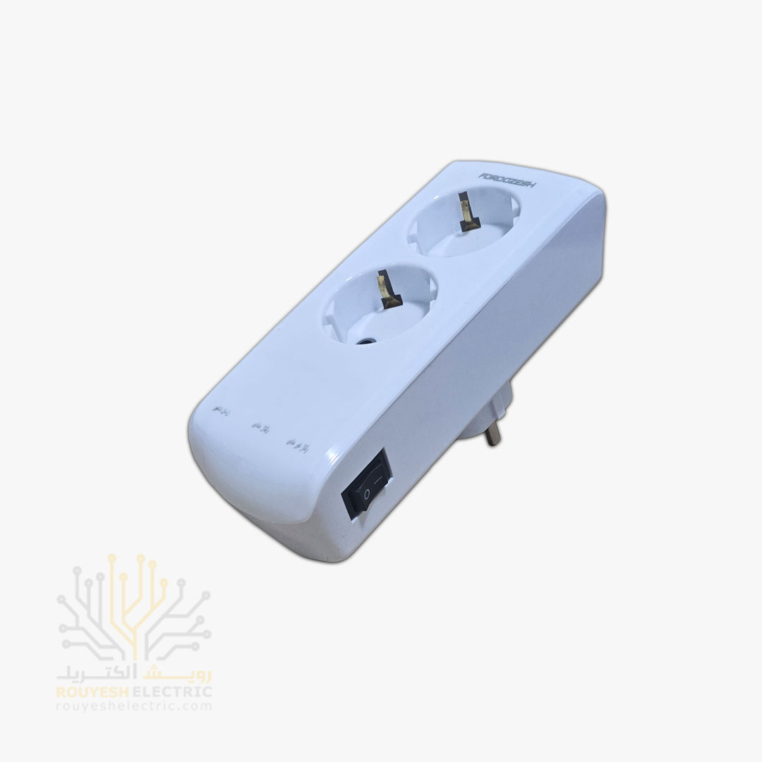 محافظ برق پکیج دیواری دو خانه برند فروزش مدل LT200W لوتوس ارتدار کلید دار بدنه سفید آنالوگ 