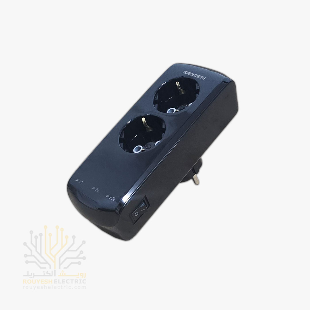 محافظ برق پکیج دیواری دو خانه برند فروزش مدل LT200W لوتوس ارتدار کلید دار بدنه مشکی آنالوگ