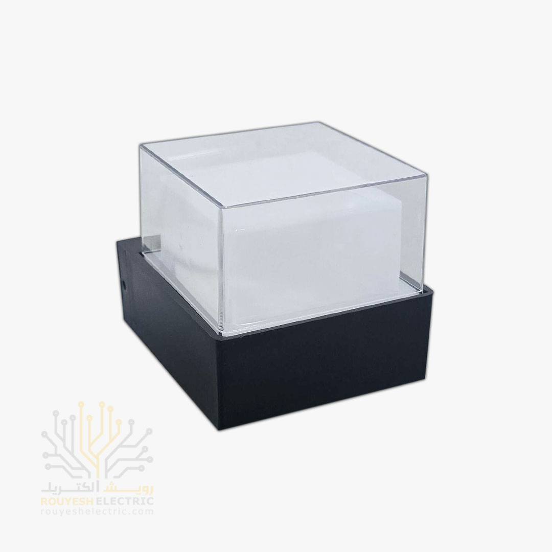 چراغ دیواری دکوراتیو 6 وات برند ایران مهر مدل مکعب یک طرفه کد ایران 21 بدنه مشکی نور آفتابی